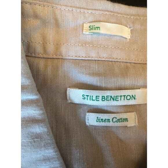 Mens Slim Fit Beige Button-Up Shirt By Stile Benetton Long Sleeves Linen Cotton - Picture 2 of 5